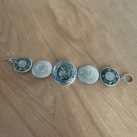 Sterling Silver and Turquoise Coin Bracelet: Made in Mexico - Picture 1 of 6